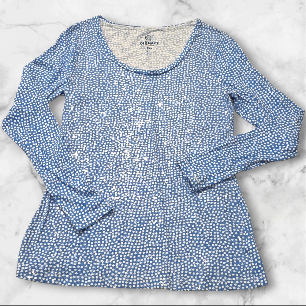 Old Navy Blue & White Polka Dot Long Sleeve Sequin Top Shirt Size Medium (M) B61
